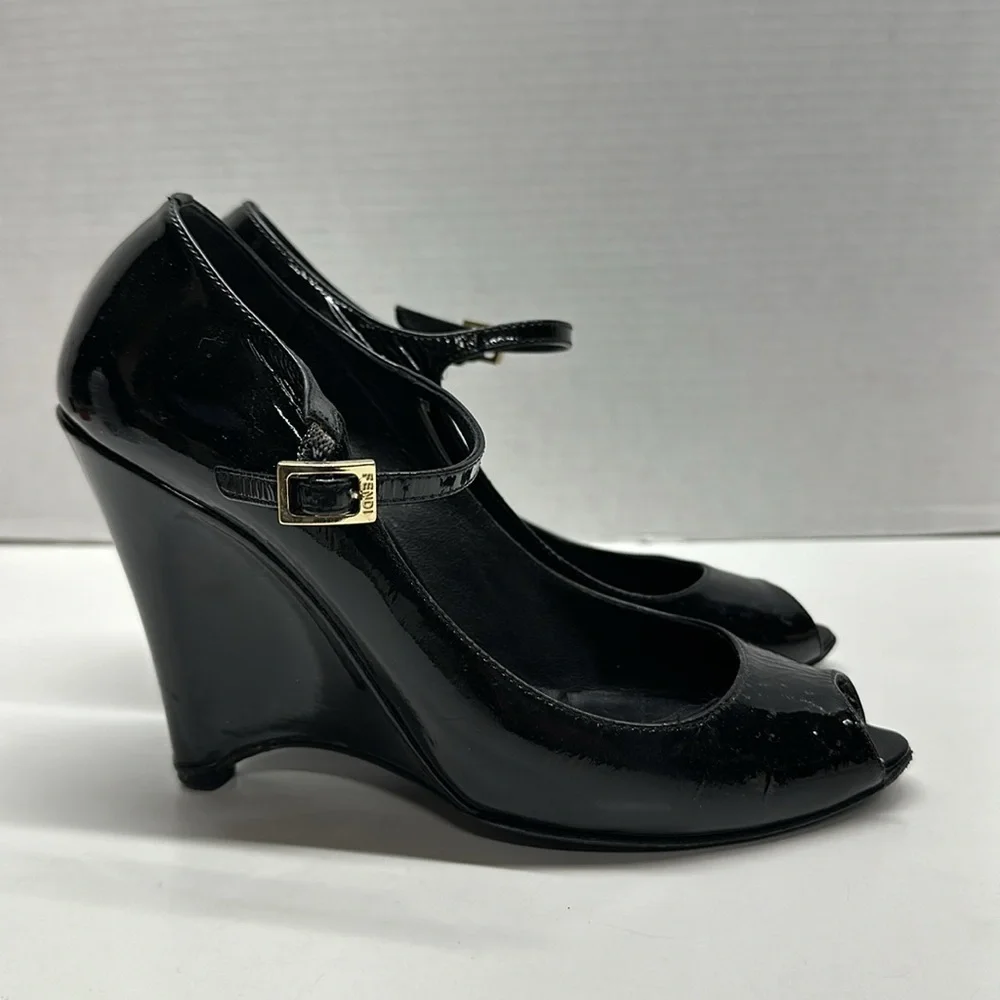 Fendi Wedges High Heel Shoes Shiny Patent Leather Peep Toe Black Size 38 US 8